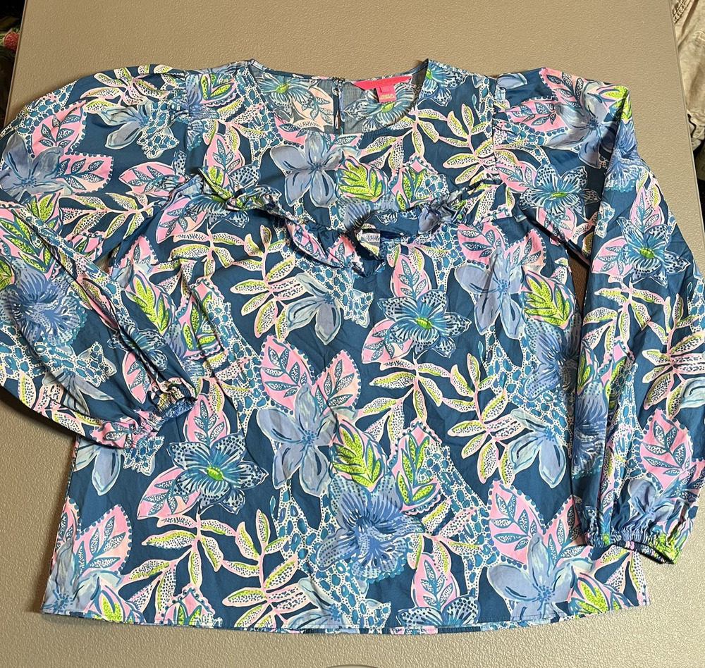 Lilly Pulitzer Sz Small BERNADETTE Top McCaw Blue Ruffle Blouson Cotton Poplin